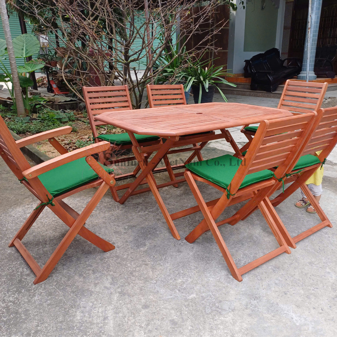 Combo Bàn Ghế Ngoài Trời Gấp Xếp A1406 SUNFURN (1 Bàn Gỗ Octa 140cm + 2 Ghế Xếp Có Tay, 4 Ghế Xếp Không Tay) - Bộ Bàn Ghế Sân Vườn Cho Gia Đình